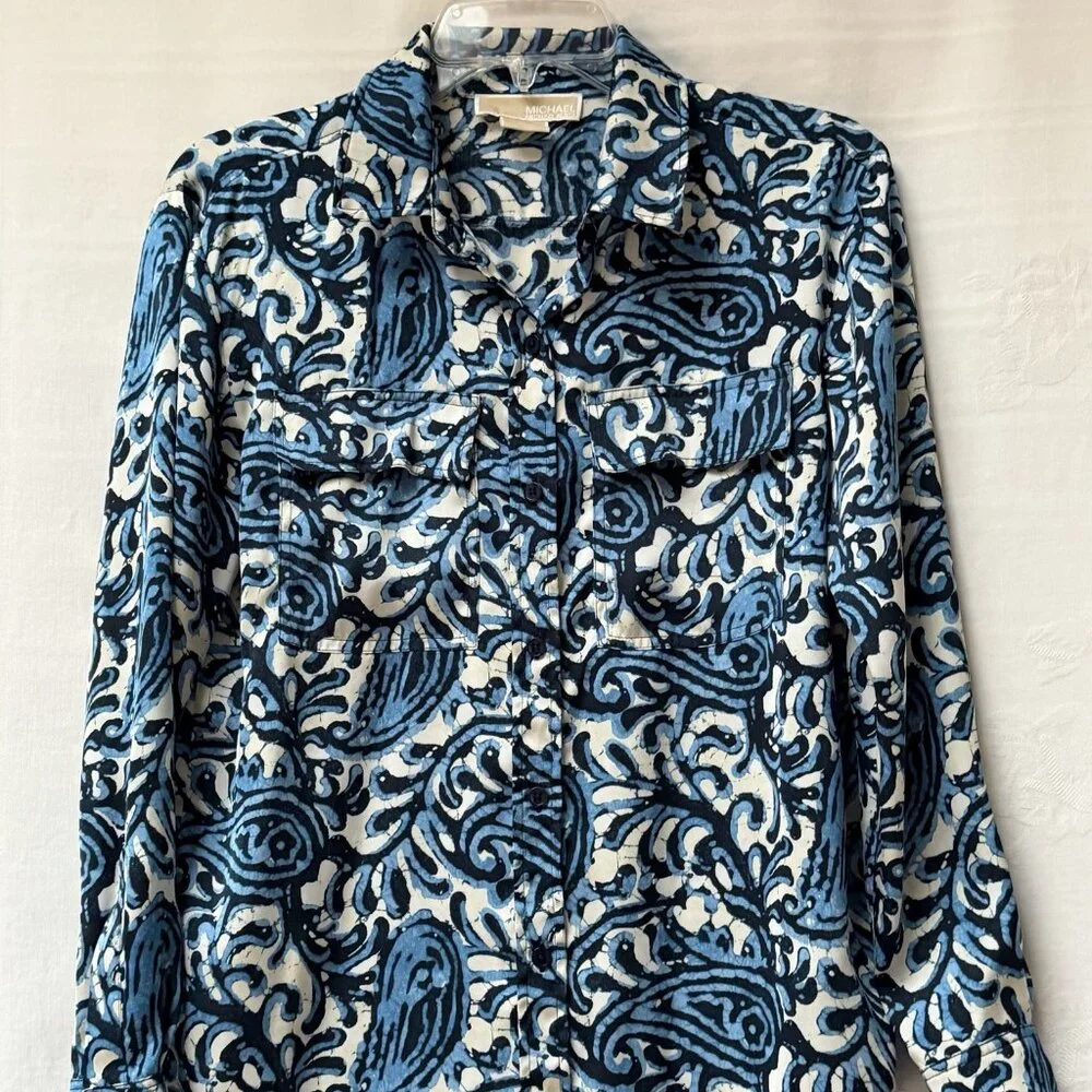 Michael Michael Kors Women's Black Blue Swirl Pattern Button Up‎ Shirt Size P